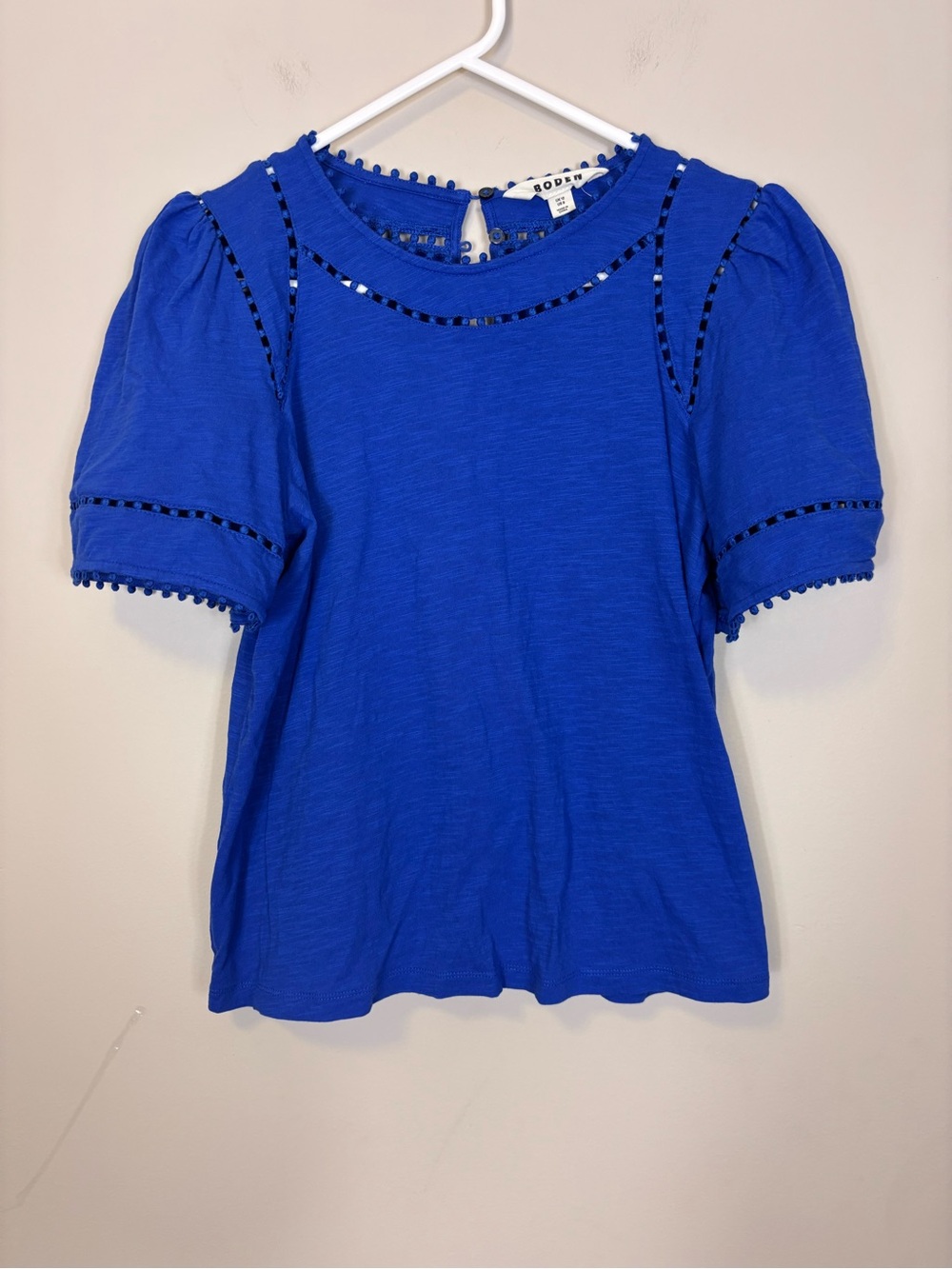 Boden Mila Trim Detail Royal Blue Cotton Puff Sleeve Top Size 8